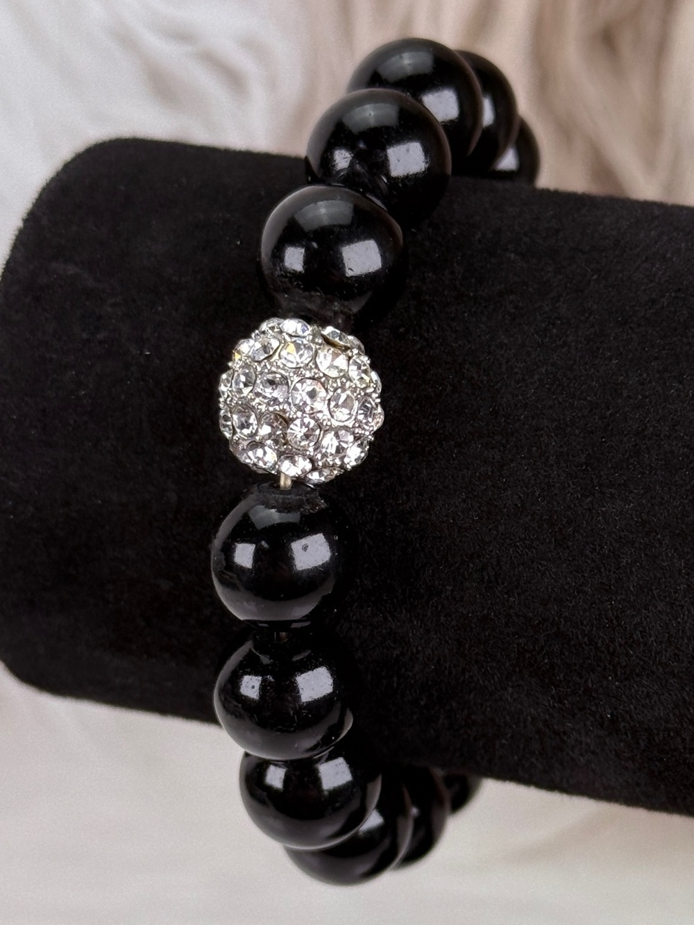 Black Beaded Stretch Bracelet Rhinestone Pave Ball Statement Bracelet